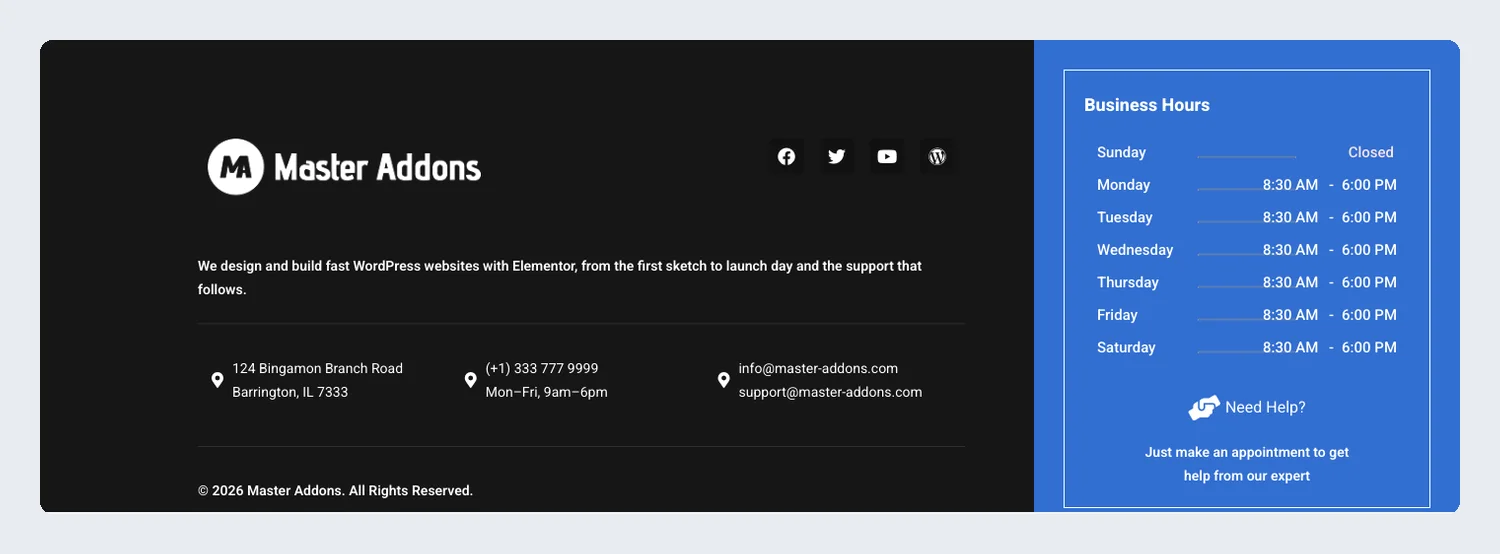 Dark Elementor footer template with address, phone and email beside a blue business hours card