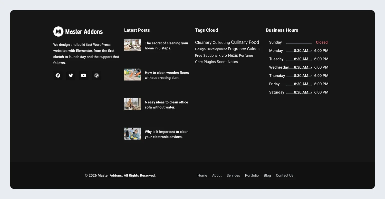 Dark blog Elementor footer template with latest posts, a tag cloud and business hours