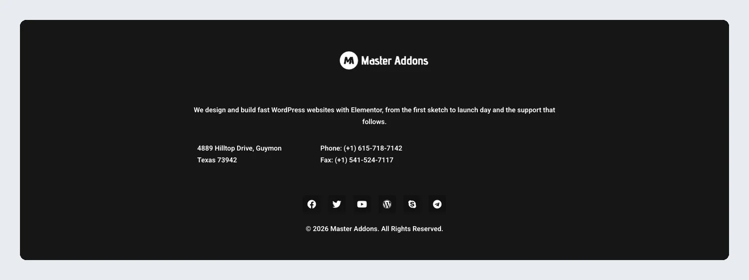 Centered dark Elementor footer template with the logo, a short intro, address, phone and social icons