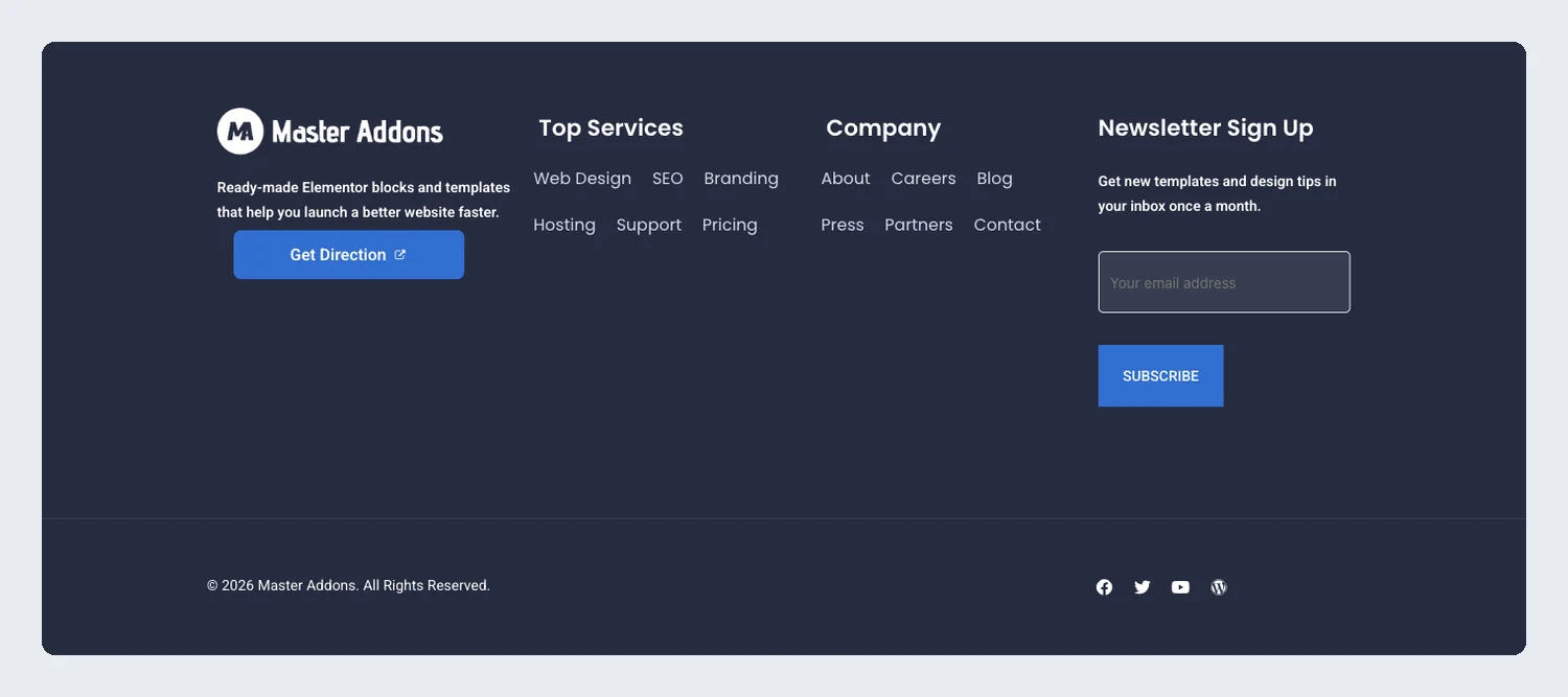 Dark Elementor footer template with a Get Direction button, services and company links and a newsletter signup