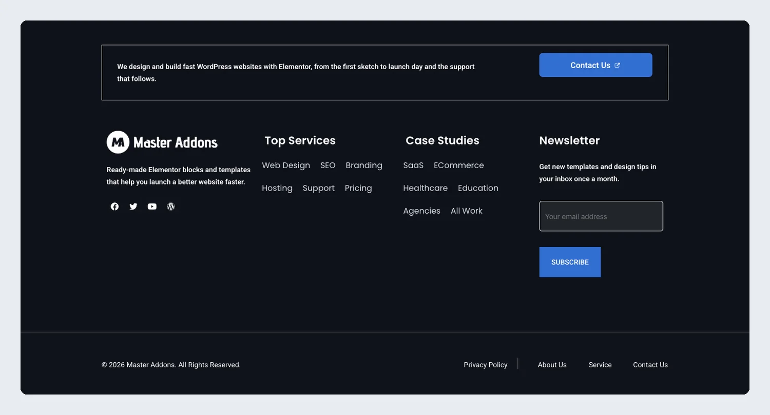 Dark agency Elementor footer template with an outlined Contact Us box above services, case studies and newsletter columns