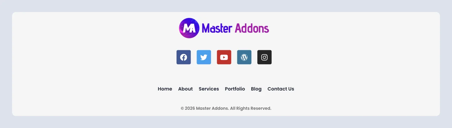 Minimal Elementor footer template with a centered logo, colored social buttons and a centered menu