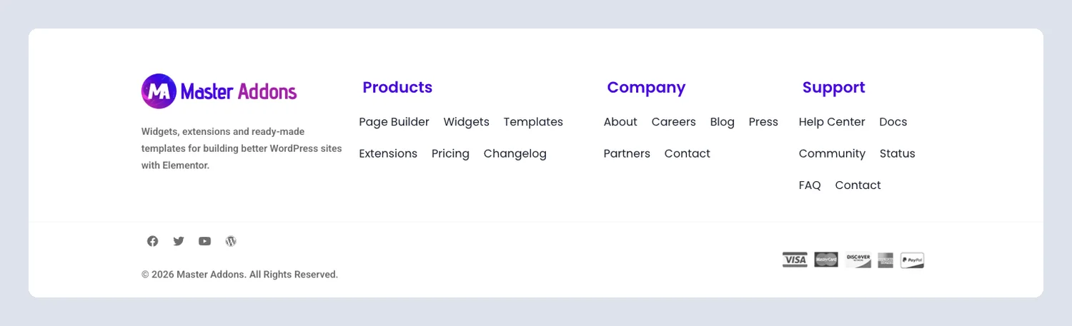 Store Elementor footer template with product, company and support links and Visa, Mastercard and PayPal icons