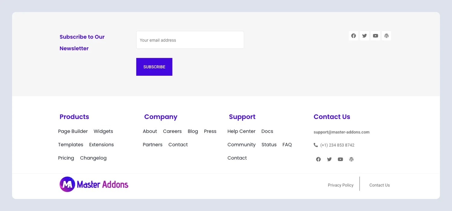 Elementor footer template with a newsletter signup bar above product, company, support and contact columns