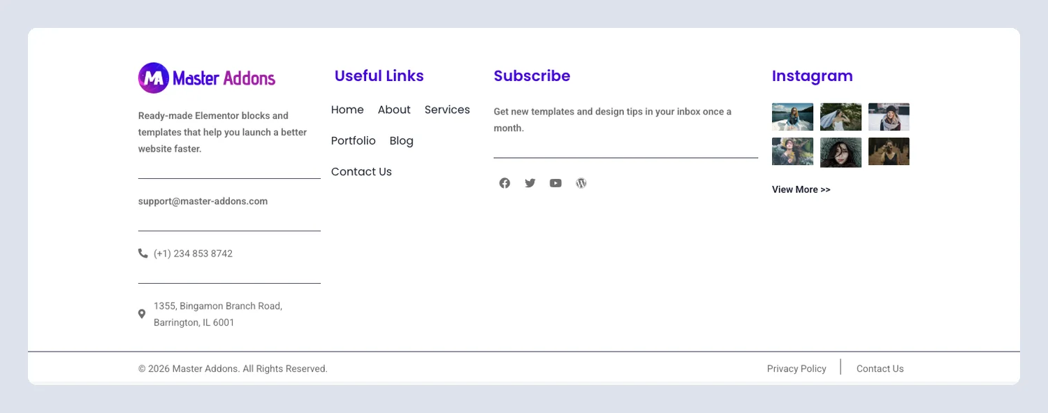 Light four-column Elementor footer template with contact details, useful links and an Instagram photo grid