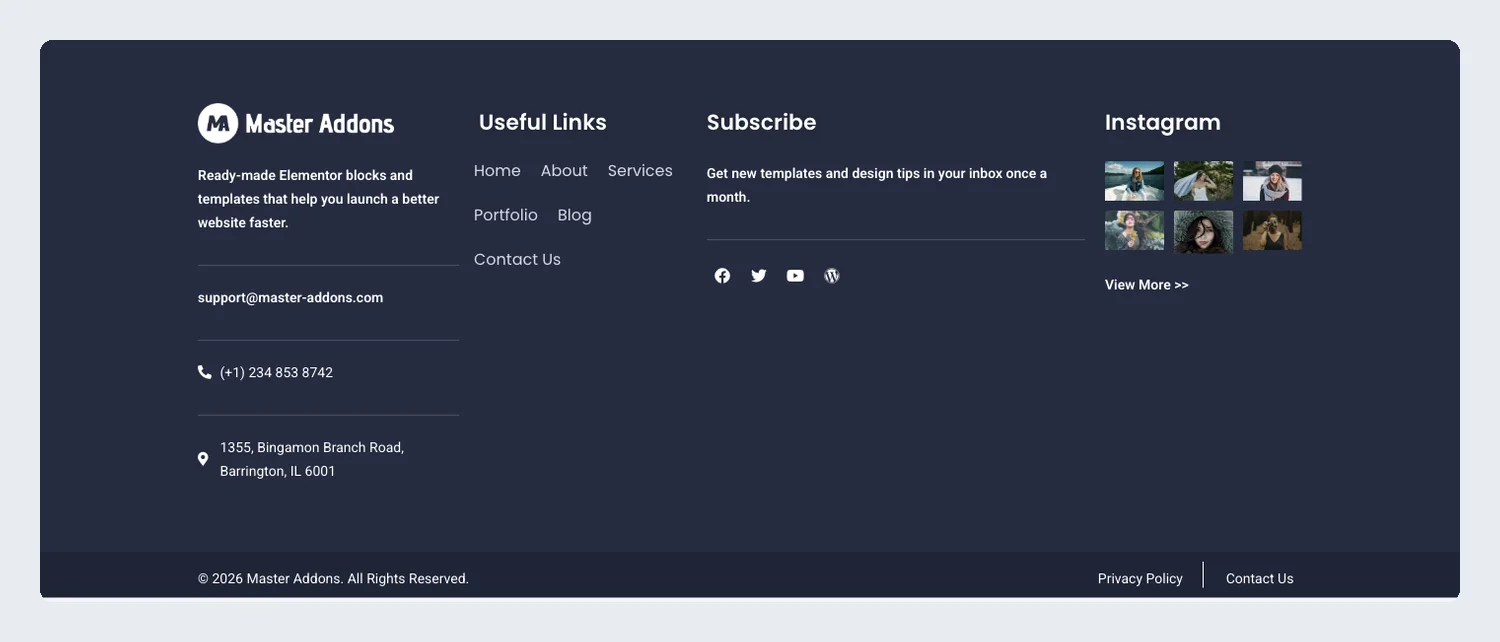 Dark four-column Elementor footer template with contact details, useful links, subscribe text and an Instagram grid