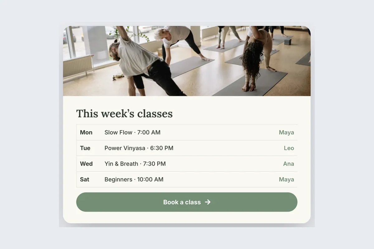 Yoga Studio · Class Schedule template, full page