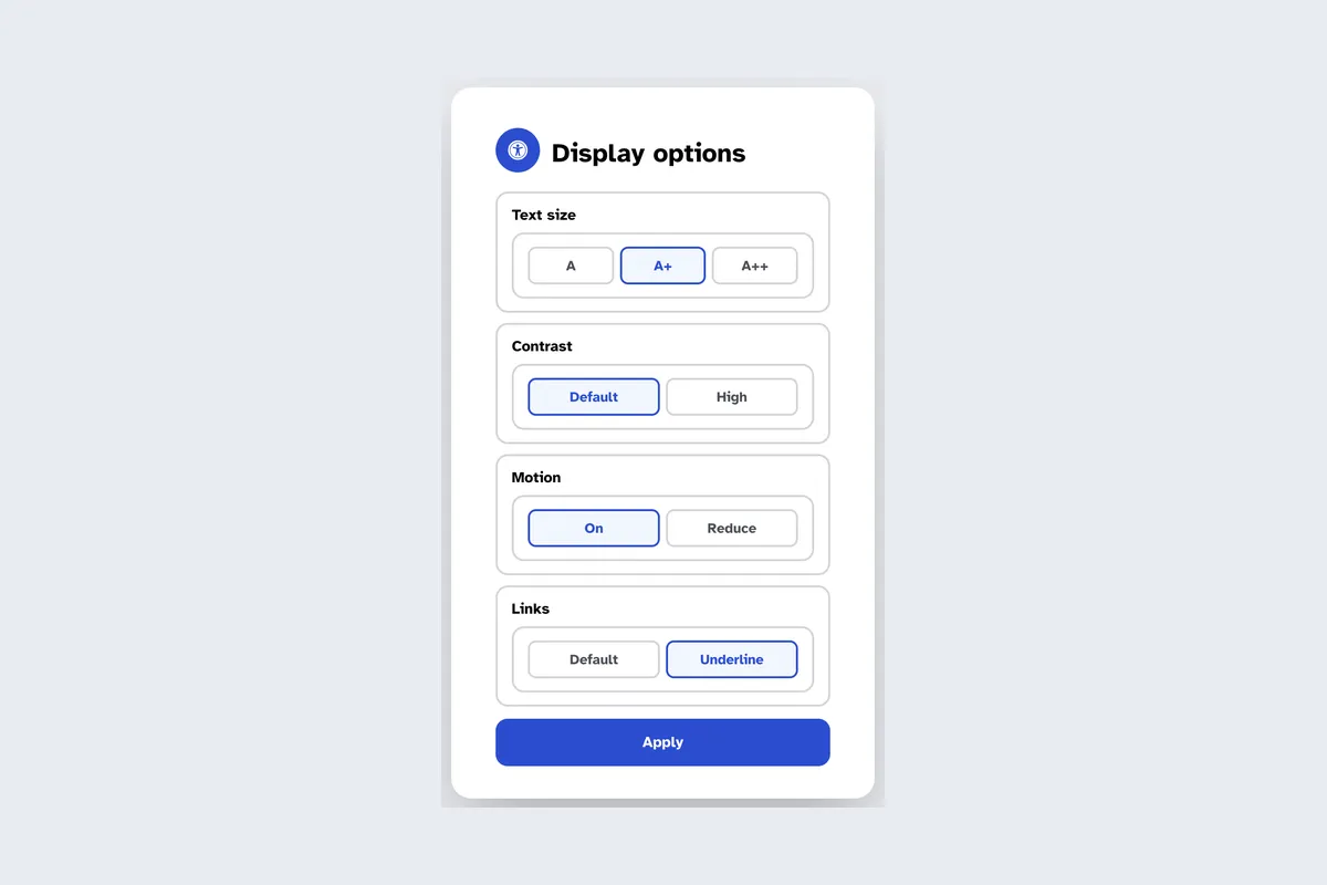 Accessibility · Display Options template, full page