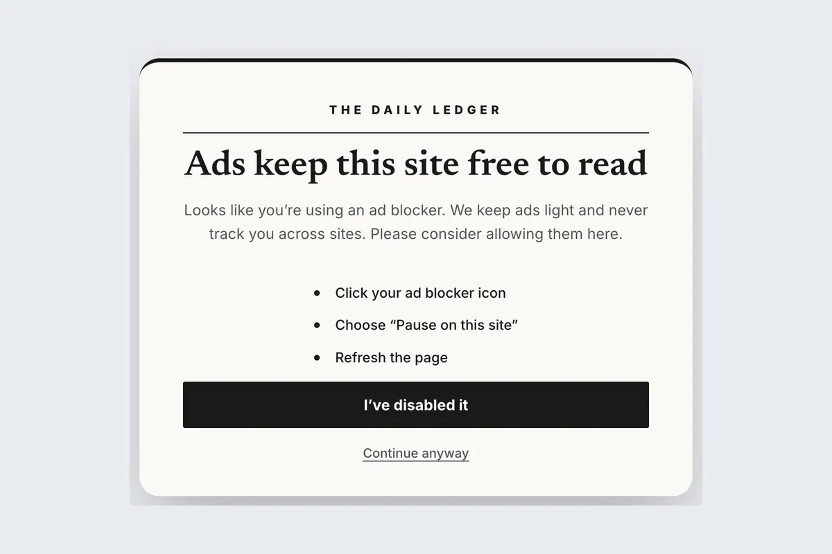 Ad-block Notice · Support Us template, full page
