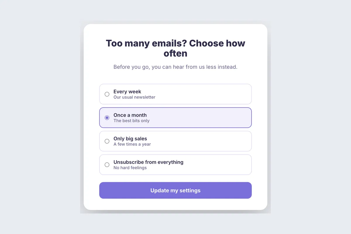 Unsubscribe Save · Fewer Emails template, full page