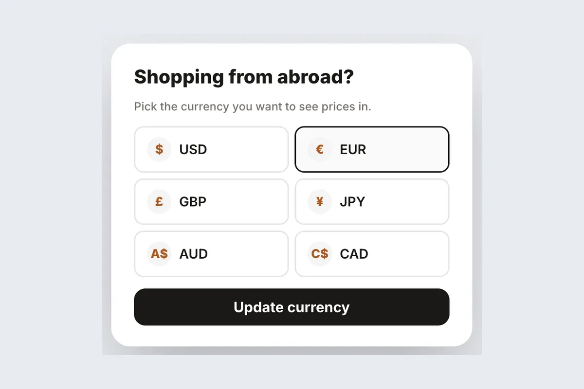 Currency Picker · Choose Currency template, full page