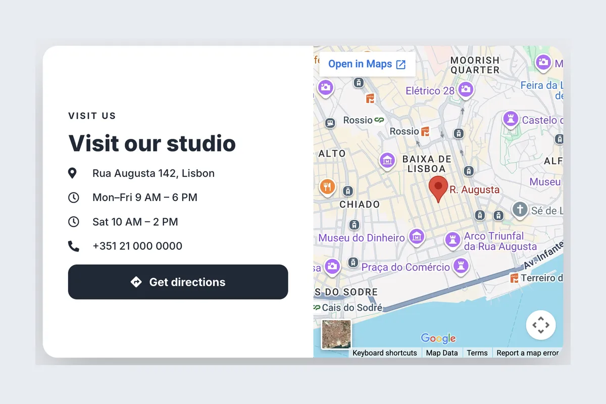 Map · Directions & Hours template, full page