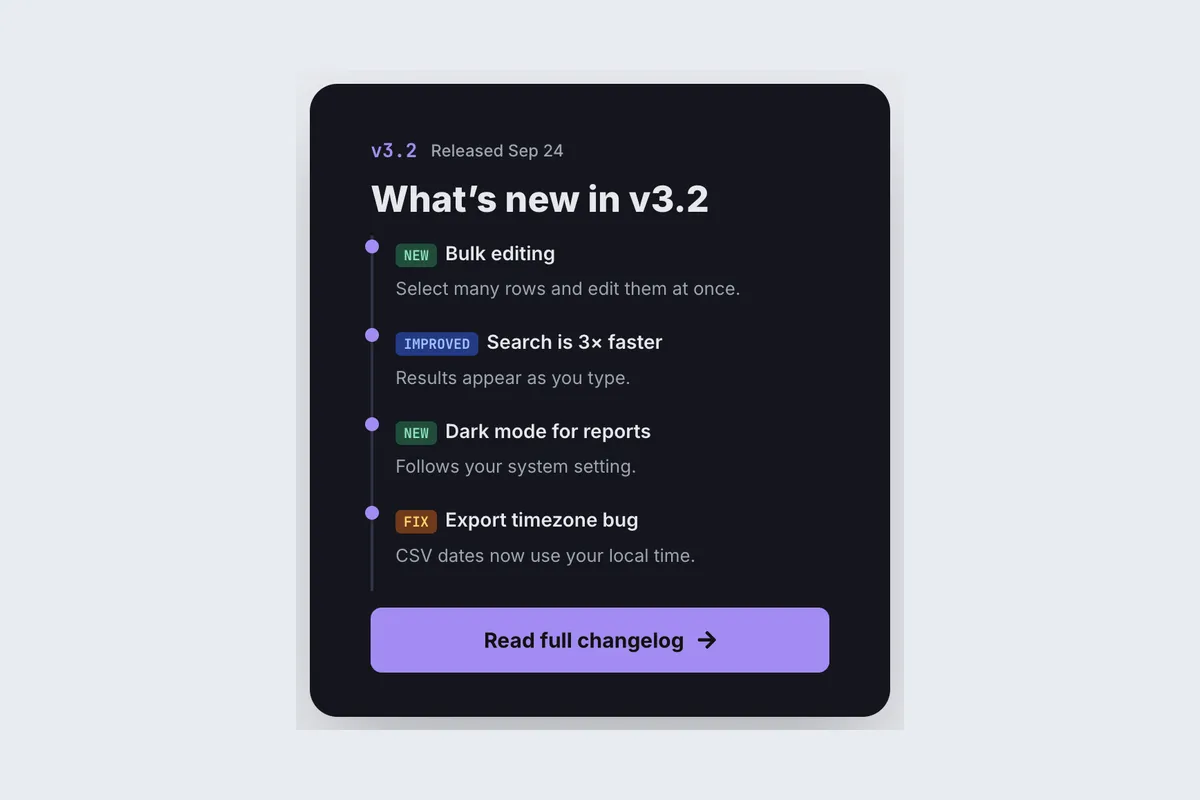 Changelog · Release Notes template, full page