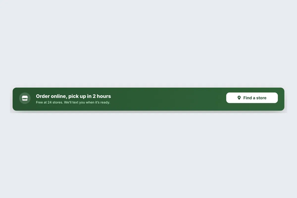 Store Pickup · Ready in 2 Hours template, full page