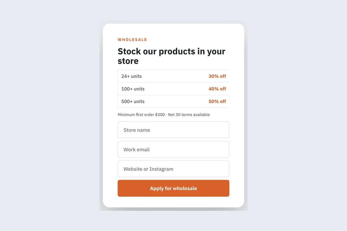 Wholesale · Trade Inquiry template, full page