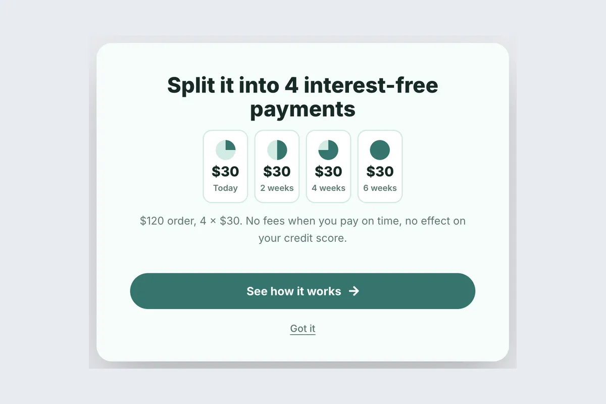 Pay Later · 4 Payments template, full page
