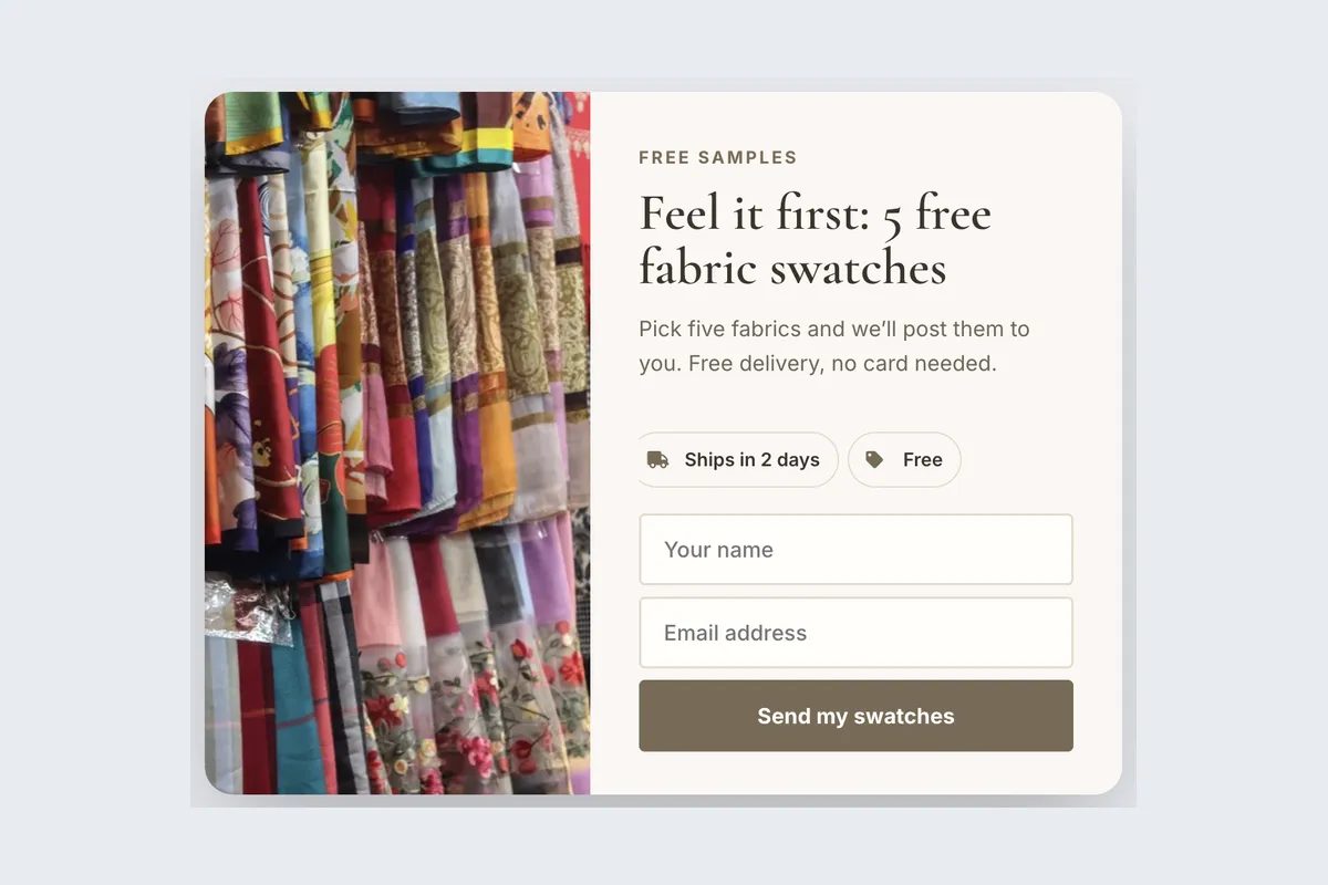 Sample Request · Fabric Swatches template, full page