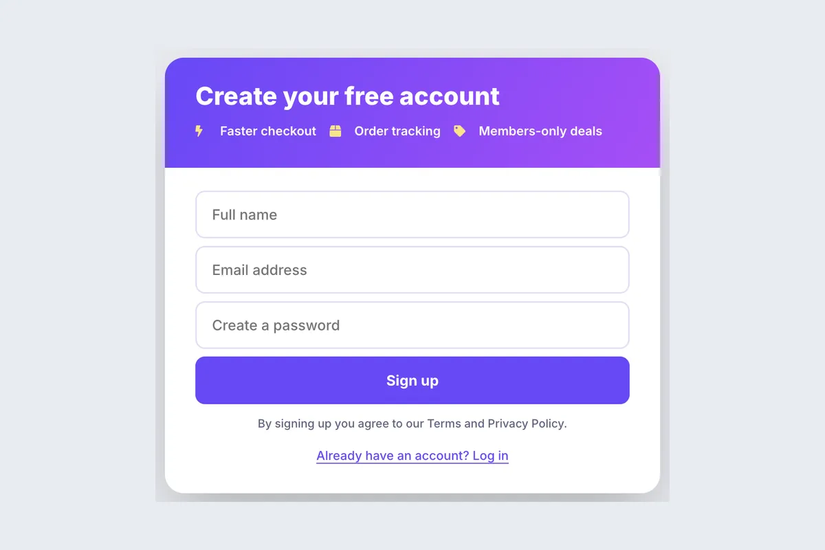 Register · Create Account template, full page