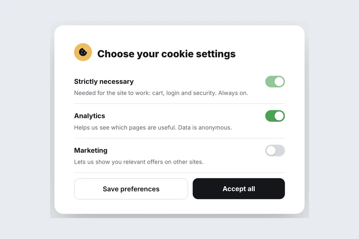 Cookie Preferences · Settings template, full page