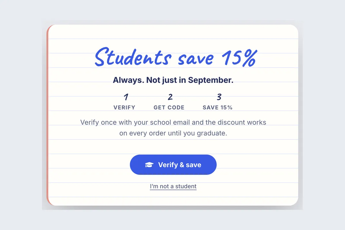 Student Discount · 15% Off template, full page