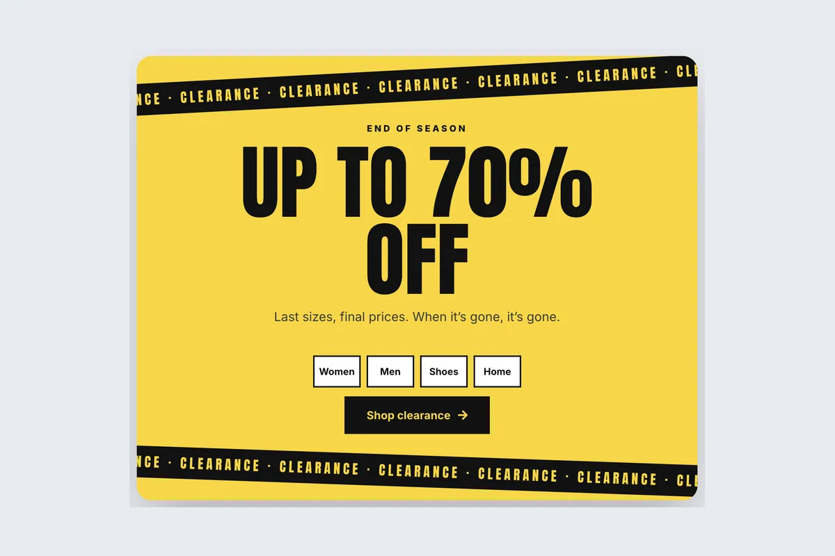 Clearance · Up to 70% Off template, full page