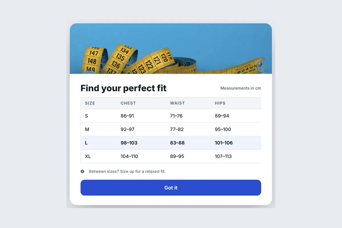 Size Guide · Fit Finder template, full page