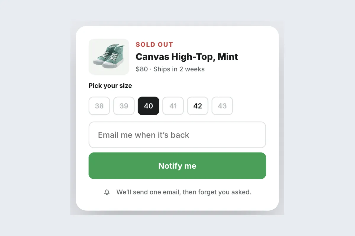 Back in Stock · Notify Me template, full page