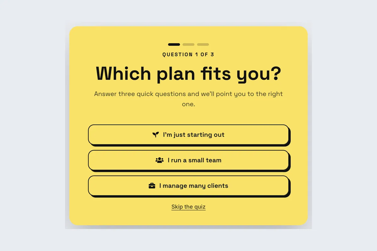 Quiz Start · Find Your Plan template, full page