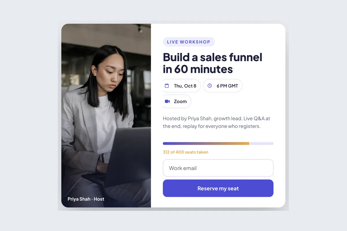 Webinar Registration · Live Workshop template, full page