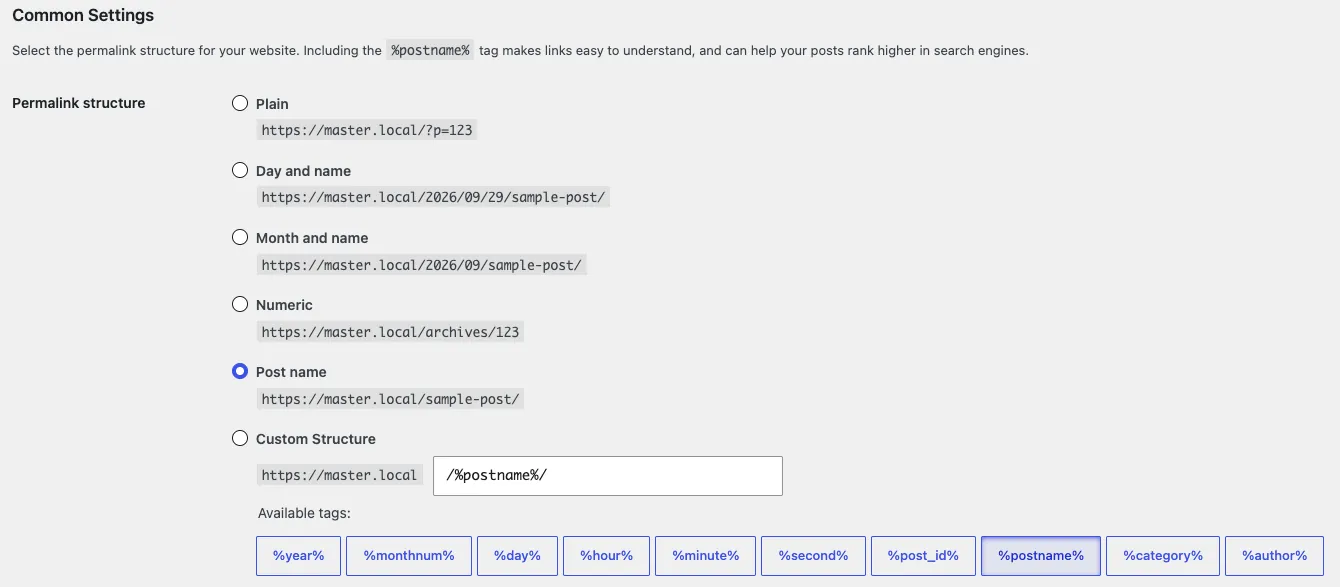 Paramètres de liaison permanente WordPress avec la structure de nom de publication sélectionnée