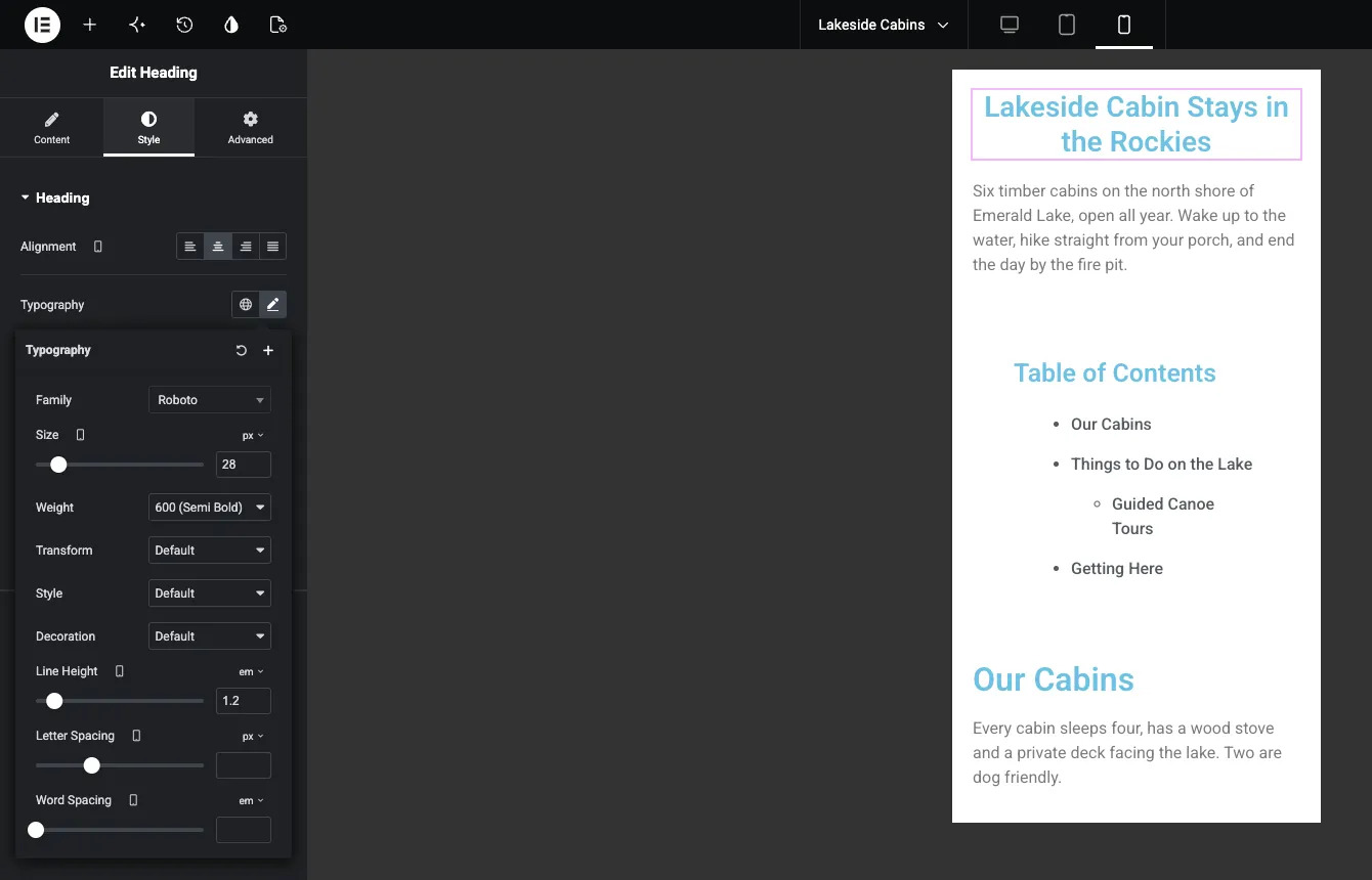 Éditeur d'élémentor en vue mobile avec la taille de typographie du titre H1 définie sur 28 px pour mobile uniquement