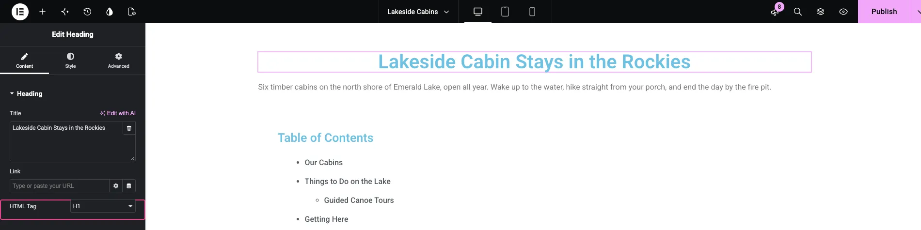 Widget Elementor Heading avec le module déroulant HTML Tag défini sur H1 pour le titre de la page Lakeside Cabin Stays in the Rockies