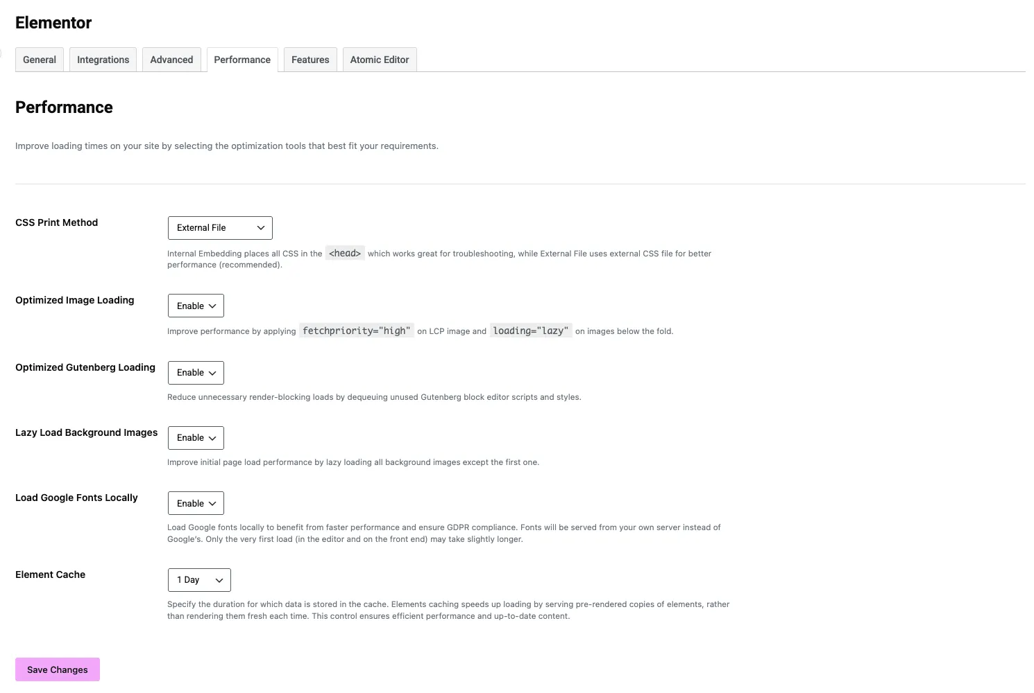 Paramètres de l'élémenteur Onglet Performance avec méthode d'impression CSS définie sur Fichier externe, chargement optimisé de l'image, chargement optimisé de Gutenberg, images d'arrière-plan de charge paresseuse et chargement des polices Google activées localement, et cache d'élément réglé sur 1 jour