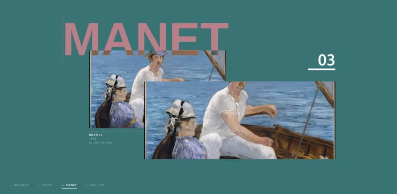 Bellows Index Elementor scroll effect showing a Manet painting in two overlapping plates under a large heading on a teal background