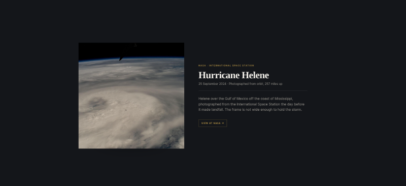 Dovetail Chapters image scroll effect showing an assembled hurricane photograph beside its caption on a dark page
