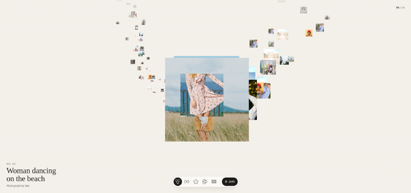 Filament Thread image scroll animation with stamp-sized photographs along a winding line and a larger photograph in the centre