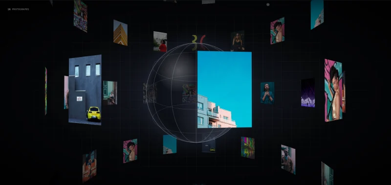 Orbit Tube Elementor scroll animation showing rings of photo cards rotating around a glass globe on a dark background