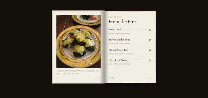 Quire Book page flip scroll effect for Elementor showing an open restaurant menu with a food photograph and a list of dishes