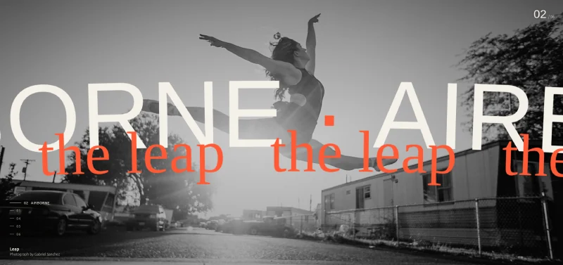 Reel Portraits full-screen scroll effect for Elementor with a leaping dancer and the word Airborne running across the photograph