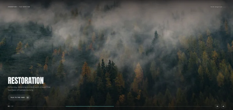 Shatter Deck full-width image deck for Elementor showing a misty forest photograph with a caption, button and arrows