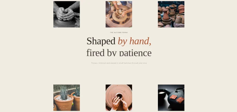 Weft Grid Elementor scroll effect with rows of pottery photographs parted around a headline
