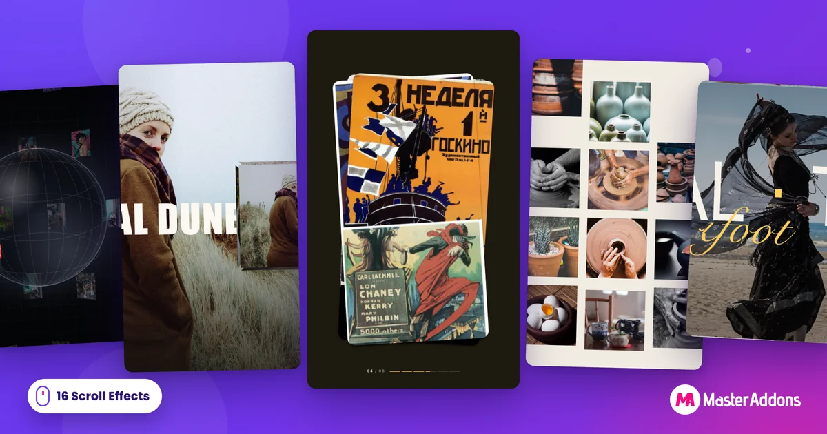 Elementor scroll effects: five image scroll animation widgets shown as cards, including a stacking poster deck, a 3D photo cube and a photo grid, with the Master Addons logo