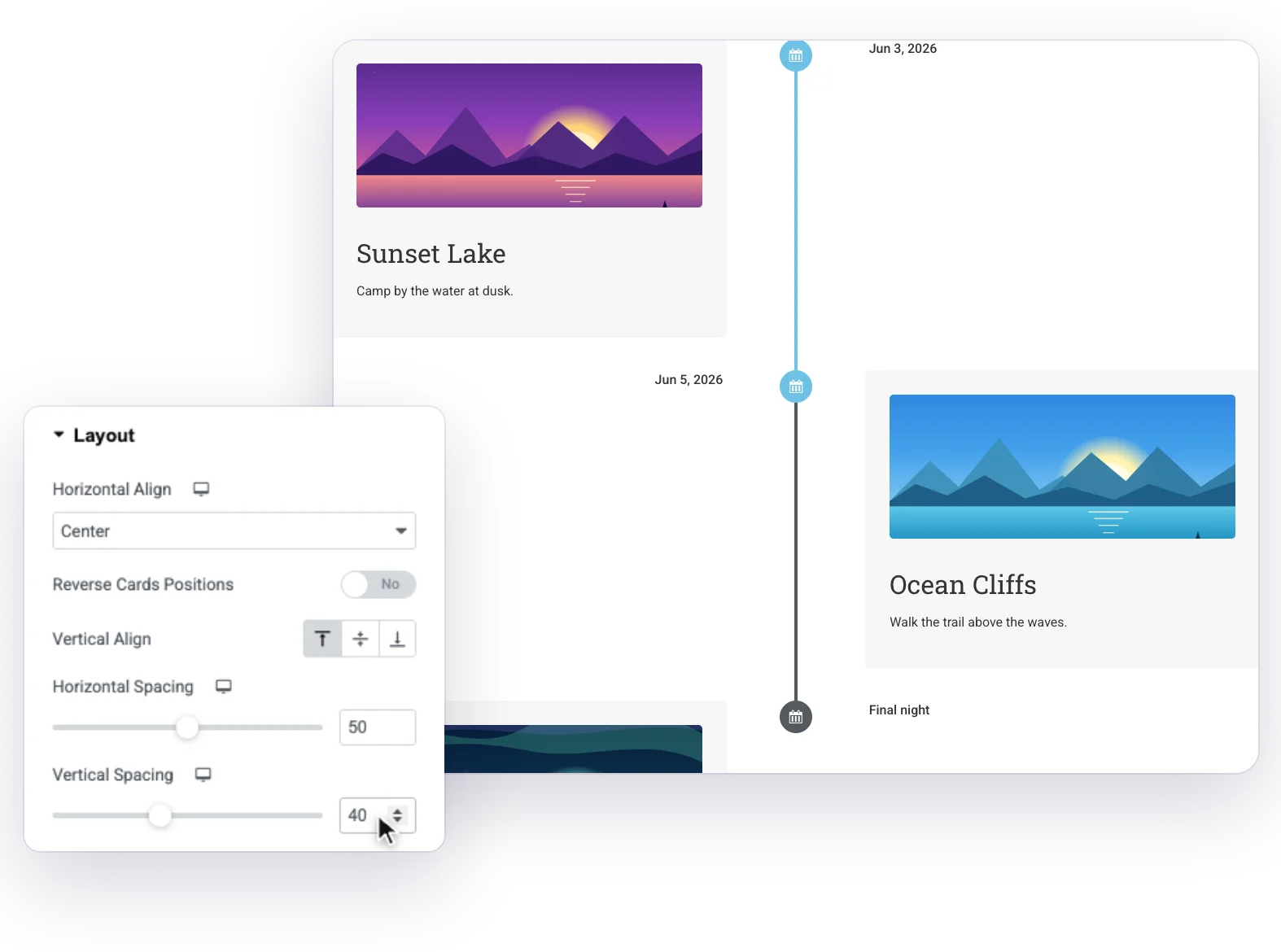 Vertical timeline in Elementor with cards on both sides of the line, next to the Layout settings
