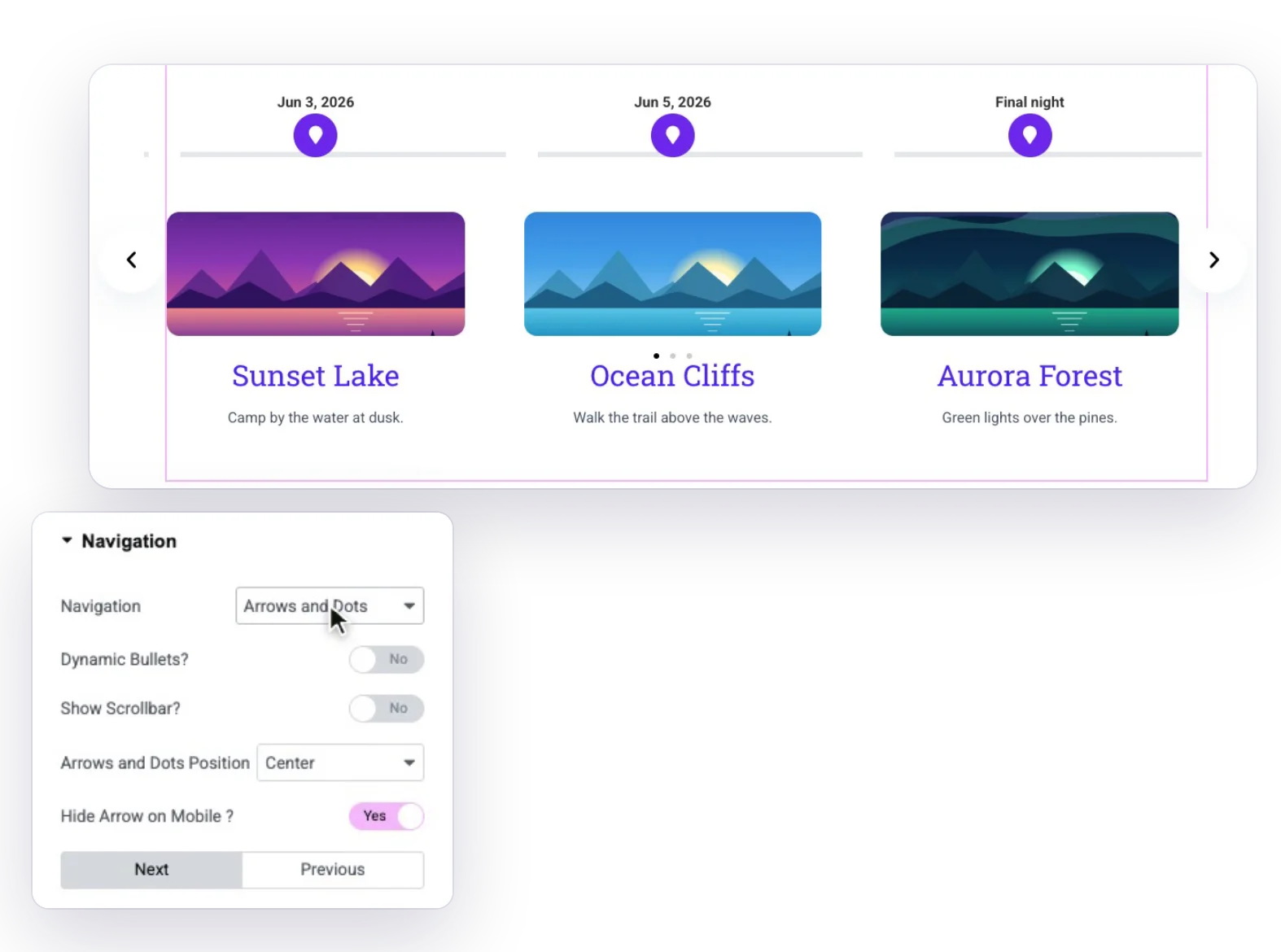 Horizontal timeline carousel in Elementor with arrows and dots, next to the Navigation settings