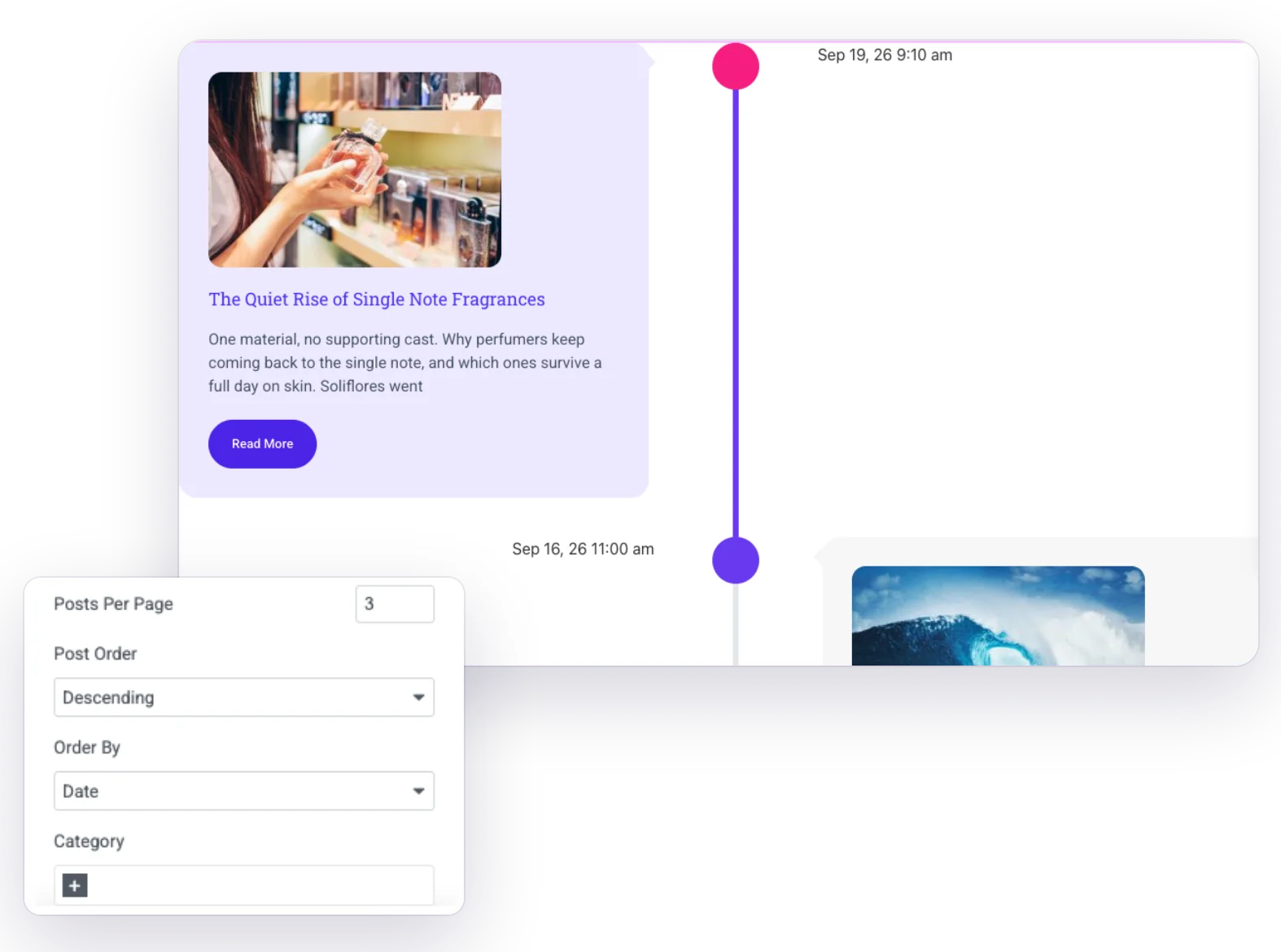 Post Timeline in Elementor showing blog posts along a vertical line, next to the post query settings