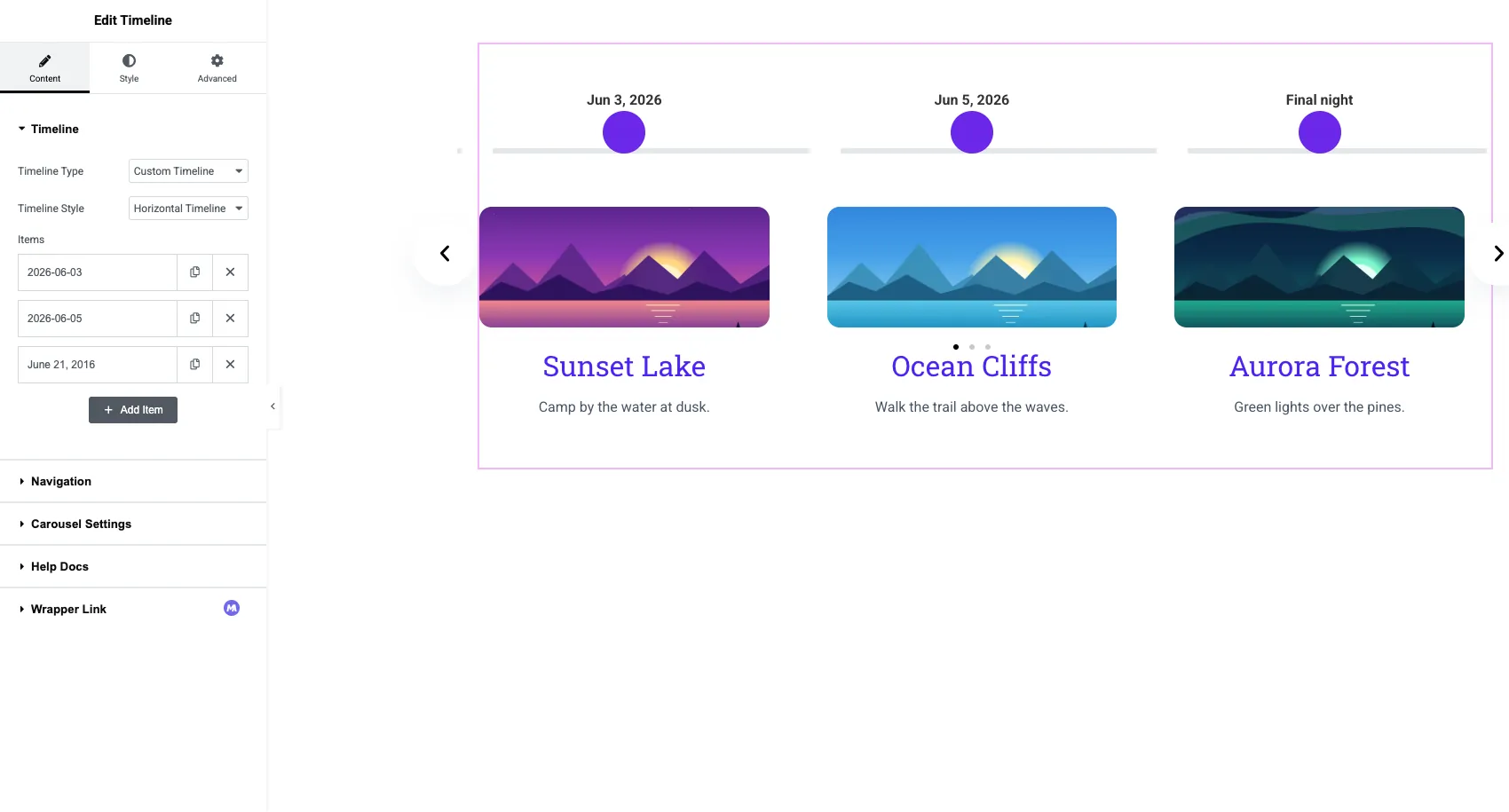 Master Addons horizontal timeline carousel in Elementor with Timeline Style set to Horizontal Timeline