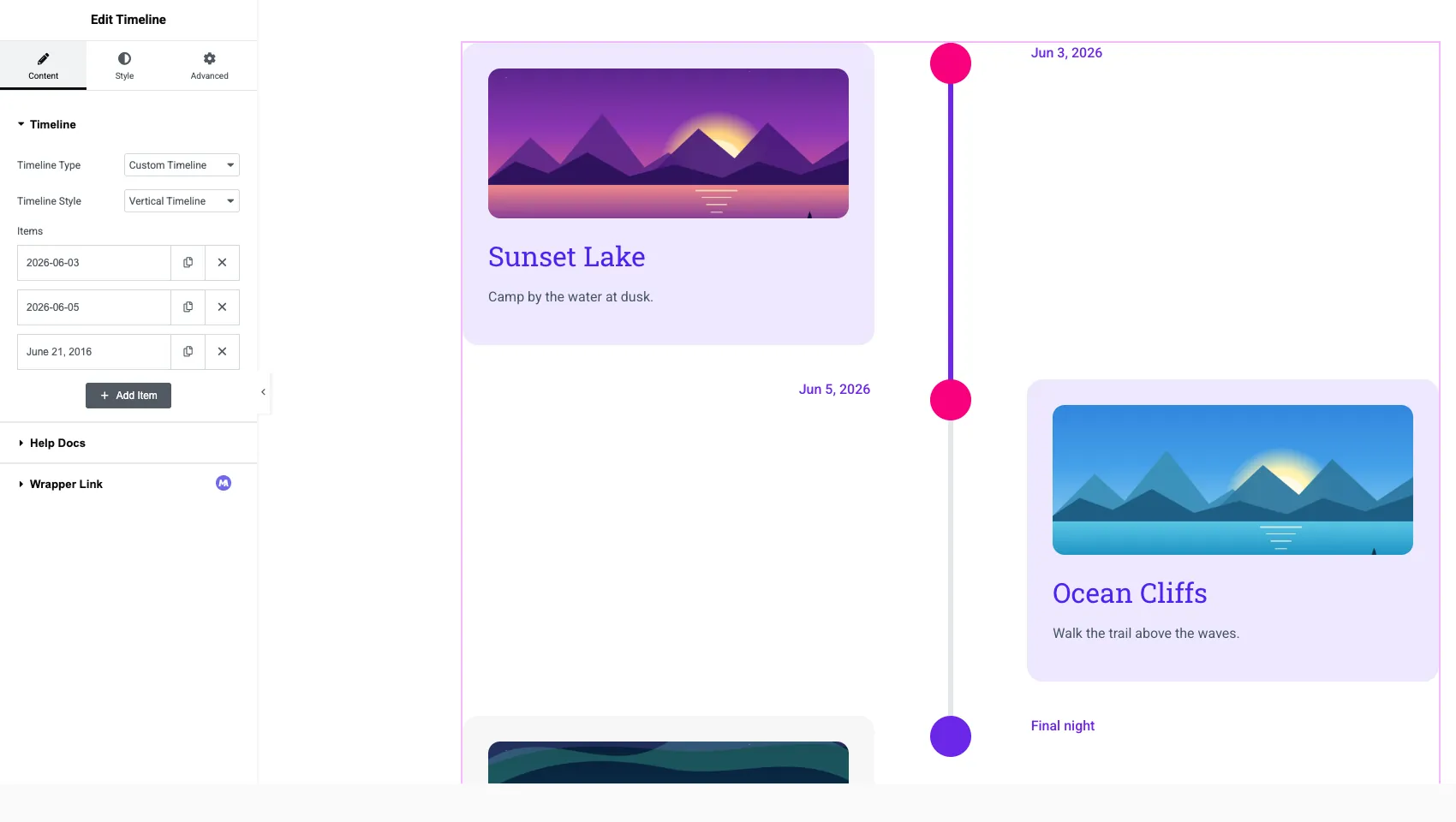 Master Addons Timeline widget in Elementor showing the default vertical timeline before switching to horizontal