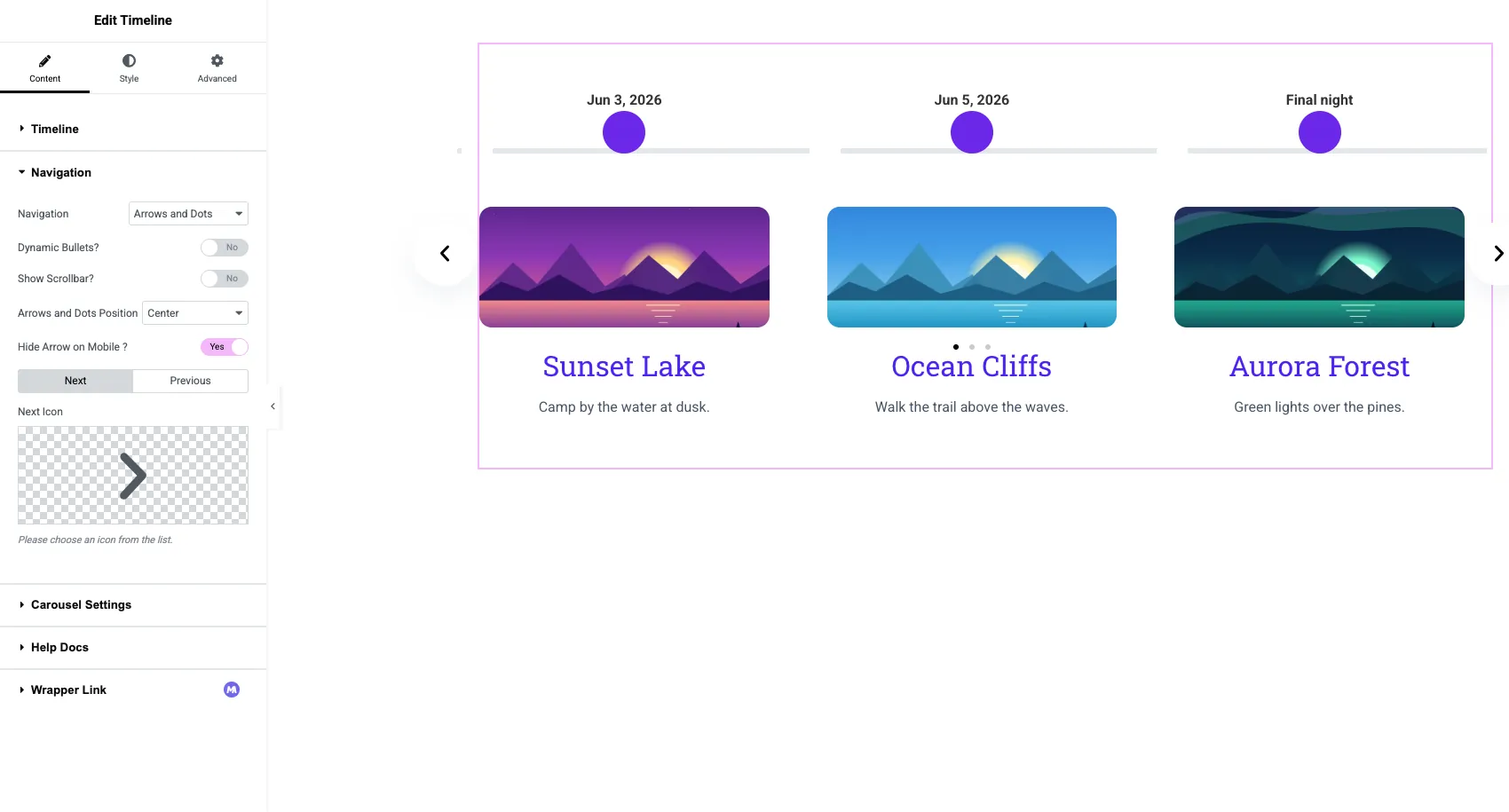 Navigation section of the Elementor Timeline widget set to Arrows and Dots with position and icon controls