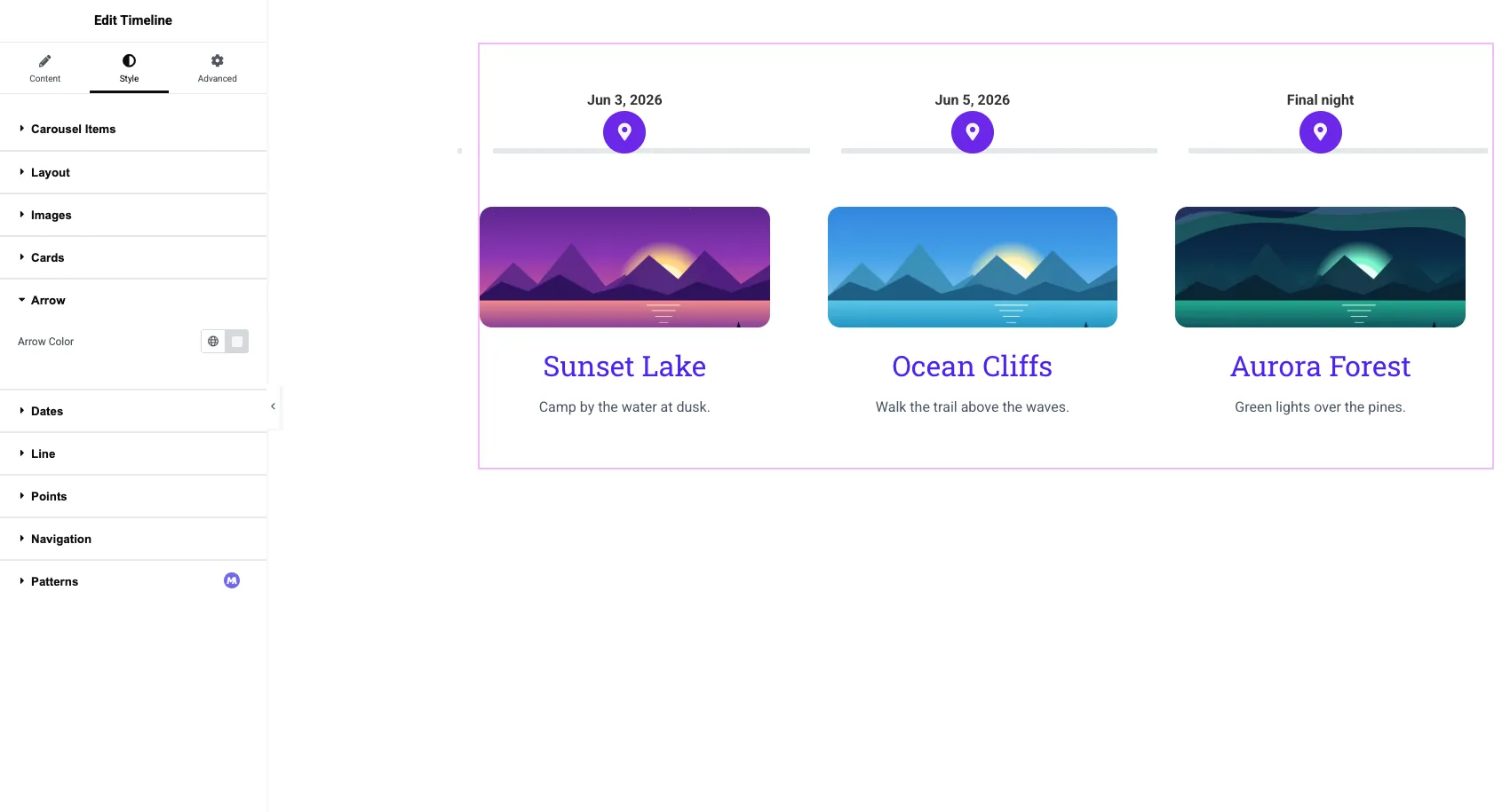 Horizontal timeline in Elementor using the Progress navigation option