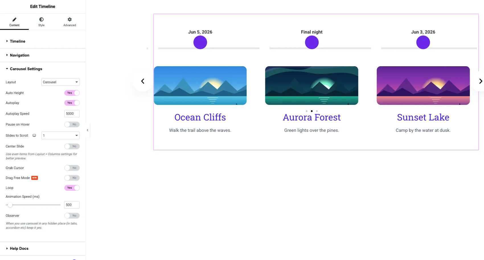 Carousel Settings in the Elementor Timeline widget showing Layout, Autoplay, Autoplay Speed, Slides to Scroll and Loop